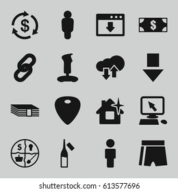 App icons set. set of 16 app filled icons such as Money, pointer on display, clean house, ampoule, guitar mediator, download upload cloud, marketing, joystick, money