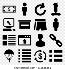 App icons set. set of 16 app filled icons such as Money, pointer on display, menu, joystick, parachute, document, user, window browser upload, reload, link