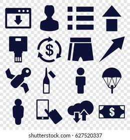 App icons set. set of 16 app filled icons such as Money, finger on display, ampoule, camera, download upload cloud, satellite, arrow, parachute, money, user, arrow up, menu