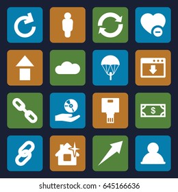 App icons set. set of 16 app filled icons such as money, clean house, minus favorite, cd on hand, cloud, camera, reload, arrow, user, parachute, arrow up, download cloud