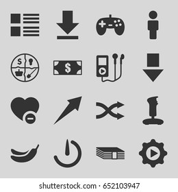App icons set. set of 16 app filled icons such as banana, minus favorite, download, shuffle, play in gear, stopwatch camera, marketing, arrow, joystick, money, menu