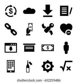 App icons set. set of 16 app filled icons such as money, payment, ampoule, minus favorite, download, play in gear, cloud, calendar on phone, satellite, square root, document