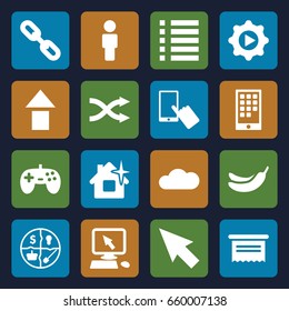 App icons set. set of 16 app filled icons such as banana, pointer on display, finger on display, clean house, shuffle, menu, play in gear, cloud, calendar on phone, marketing