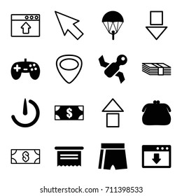 App icons set. set of 16 app filled and outline icons such as stopwatch camera, satellite, guitar mediator, joystick, parachute, money, document, purse, pointer