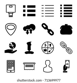App icons set. set of 16 app filled and outline icons such as payment, menu, cd on hand, download upload cloud, marketing, guitar mediator, camera, calendar on phone, joystick