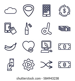 app icons set. Set of 16 app outline icons such as Money, Payment, Banana, pointer on display, finger on display, ampoule, minus favorite, guitar mediator, shuffle