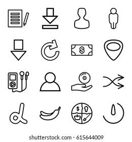 App icons set. set of 16 app outline icons such as Money, Banana, guitar mediator, download, shuffle, CD on hand, stopwatch camera, document, alpha, user, arrow down, reload