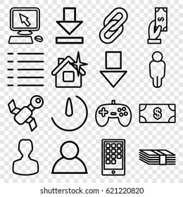App icons set. set of 16 app outline icons such as Money, Payment, pointer on display, clean house, download, menu, stopwatch camera, calendar on phone, money, satellite, user