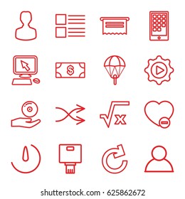 App icons set. set of 16 app outline icons such as Money, pointer on display, minus favorite, shuffle, play in gear, CD on hand, stopwatch camera, camera, calendar on phone