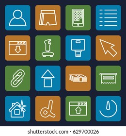 App icons set. set of 16 app outline icons such as clean house, menu, stopwatch camera, camera, calendar on phone, pointer, money, document, alpha, arrow up