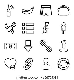 App icons set. set of 16 app outline icons such as payment, banana, ampoule, minus favorite, money, purse, satellite, user, arrow down, menu, link, sport shorts, joystick