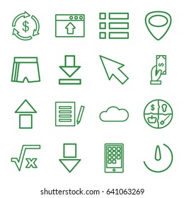 App icons set. set of 16 app outline icons such as money, payment, guitar mediator, download, stopwatch camera, cloud, calendar on phone, pointer, square root, document