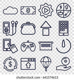 App icons set. set of 16 app outline icons such as money, finger on display, play in gear, cd on hand, stopwatch camera, cloud, calendar on phone, document, purse, arrow up