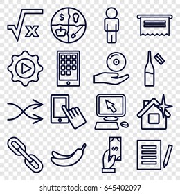 App icons set. set of 16 app outline icons such as payment, banana, pointer on display, finger on display, clean house, ampoule, shuffle, play in gear, document, square root