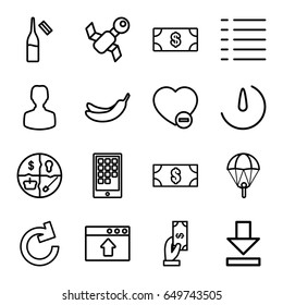 App icons set. set of 16 app outline icons such as money, payment, banana, ampoule, minus favorite, download, menu, stopwatch camera, calendar on phone, money, satellite, user