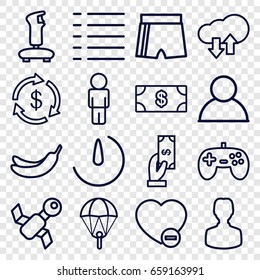 App icons set. set of 16 app outline icons such as money, payment, banana, minus favorite, menu, stopwatch camera, download upload cloud, satellite, user, sport shorts