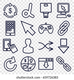 App icons set. set of 16 app outline icons such as money, pointer on display, finger on display, shuffle, camera, calendar on phone, pointer, alpha, user, arrow down