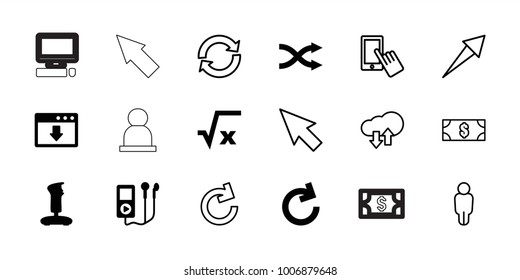 App icons. set of 18 editable filled and outline app icons: square root, joystick, mp3 player, shuffle, download cloud, reload, finger on display, money, pointer, user, arrow