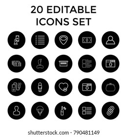 App icons. set of 20 editable outline app icons such as payment, menu, document, user, ampoule, minus favorite, guitar mediator. best quality app elements in trendy style.