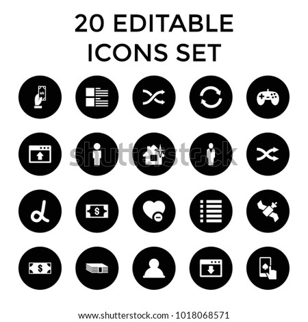 App icons. set of 20 editable filled app icons such as payment, clean house, money, alpha, joystick, user, minus favorite, shuffle. best quality app elements in trendy style.