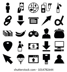 App icons. set of 25 editable filled app icons such as banana, pointer, user, parachute, arrow down, ampoule, arrow, marketing, guitar mediator, download