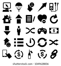 App icons. set of 25 editable filled app icons such as money, pointer on display, finger on display, clean house, document, joystick, parachute, arrow up, arrow down, menu