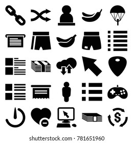 App icons. set of 25 editable filled app icons such as banana, pointer on display, money, menu, document, parachute, user, sport shorts, minus favorite, guitar mediator