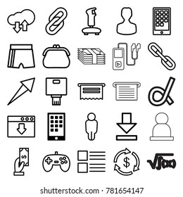 App icons. set of 25 editable outline app icons such as calendar on phone, money, payment, menu, document, purse, joystick, user, sport shorts, arrow, download, download cloud