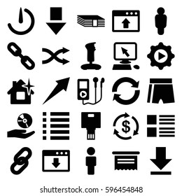 app icons set. Set of 25 app filled icons such as Money, pointer on display, clean house, download, shuffle, menu, play in gear, CD on hand, stopwatch camera, camera, reload