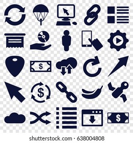 App icons set. set of 25 app filled icons such as money, banana, pointer on display, finger on display, guitar mediator, shuffle, menu, play in gear, cd on hand, cloud