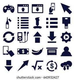 App icons set. set of 25 app filled icons such as money, payment, banana, finger on display, ampoule, download, menu, play in gear, camera, download upload cloud, reload