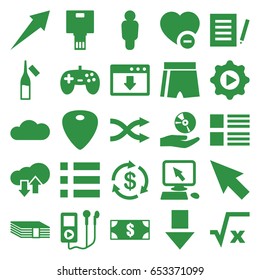 App icons set. set of 25 app filled icons such as money, pointer on display, ampoule, minus favorite, guitar mediator, shuffle, play in gear, cd on hand, cloud, camera