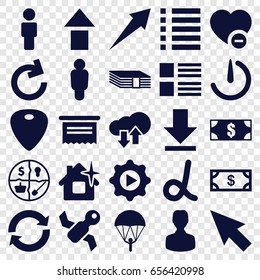 App icons set. set of 25 app filled icons such as money, clean house, minus favorite, guitar mediator, download, menu, play in gear, stopwatch camera, download upload cloud