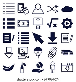 App icons set. set of 25 app filled and outline icons such as money, banana, ampoule, download, menu, play in gear, cd on hand, cloud, pointer on display, finger on display