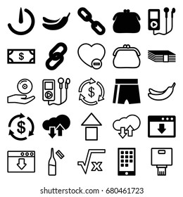 App icons set. set of 25 app filled and outline icons such as money, banana, stopwatch camera, calendar on phone, download upload cloud, ampoule, minus favorite, cd on hand