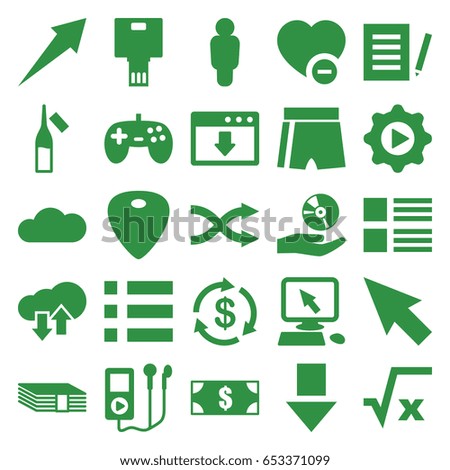 App icons set. set of 25 app filled icons such as money, pointer on display, ampoule, minus favorite, guitar mediator, shuffle, play in gear, cd on hand, cloud, camera