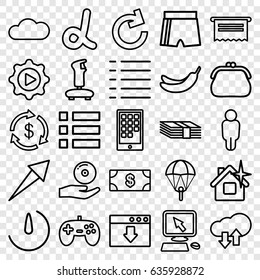 App icons set. set of 25 app outline icons such as money, banana, pointer on display, clean house, menu, play in gear, cd on hand, stopwatch camera, cloud, calendar on phone