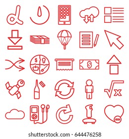 App icons set. set of 25 app outline icons such as ampoule, minus favorite, download, shuffle, stopwatch camera, cloud, calendar on phone, download upload cloud, money