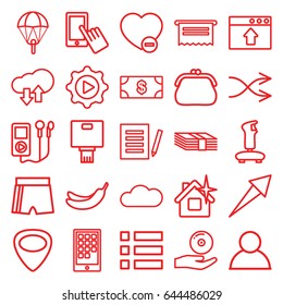 App icons set. set of 25 app outline icons such as money, banana, finger on display, clean house, minus favorite, guitar mediator, shuffle, play in gear, cd on hand, cloud