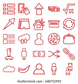 App icons set. set of 25 app outline icons such as payment, banana, finger on display, clean house, shuffle, cloud, download upload cloud, money, menu, document, purse