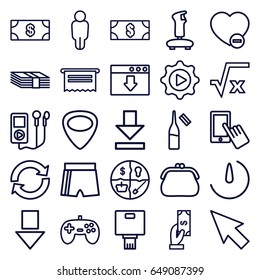 App icons set. set of 25 app outline icons such as money, payment, finger on display, ampoule, minus favorite, guitar mediator, download, play in gear, stopwatch camera