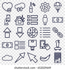 App icons set. set of 25 app outline icons such as money, payment, banana, finger on display, clean house, ampoule, minus favorite, menu, play in gear, cloud, camera