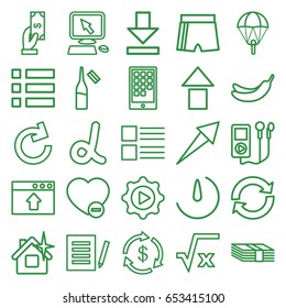 App icons set. set of 25 app outline icons such as money, payment, banana, pointer on display, clean house, ampoule, minus favorite, download, play in gear, stopwatch camera