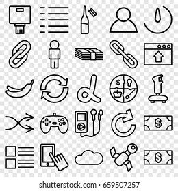 App icons set. set of 25 app outline icons such as money, banana, finger on display, ampoule, shuffle, menu, stopwatch camera, cloud, camera, money, alpha, satellite