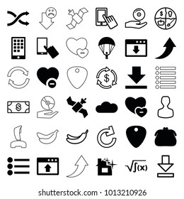 App icons. set of 36 editable filled and outline app icons such as finger on display, purse, minus favorite, window browser upload, download cloud, cloud, calendar on phone