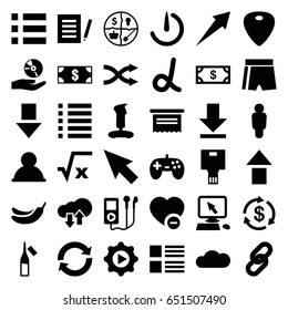 App icons set. set of 36 app filled icons such as money, banana, pointer on display, ampoule, minus favorite, guitar mediator, download, shuffle, menu, play in gear
