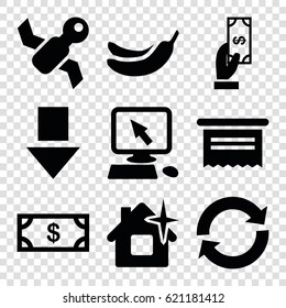 App icons set. set of 9 app filled icons such as Money, Payment, Banana, pointer on display, clean house, reload, satellite, document