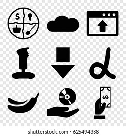 App icons set. set of 9 app filled icons such as Payment, Banana, CD on hand, cloud, marketing, joystick, alpha, arrow down