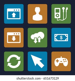 App icons set. set of 9 app filled icons such as money, download upload cloud, reload, joystick, pointer, user, window browser upload, download cloud