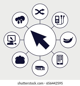 App icons set. set of 9 app filled icons such as banana, pointer on display, shuffle, calendar on phone, download upload cloud, pointer, money, purse